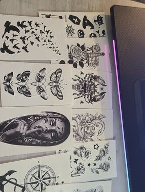 10 Black Temporary Tattoo Sheet Set - Stylish Floral, Skull & Compass Designs